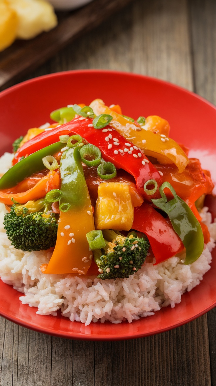 Colorful Sweet and Sour Vegetable Stir-Fry with bell peppers, broccoli, and pineapple, served over rice.